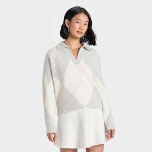 Women's Cozy Knit Polo Sweater - A New Day Gray/Cream Argyle XS